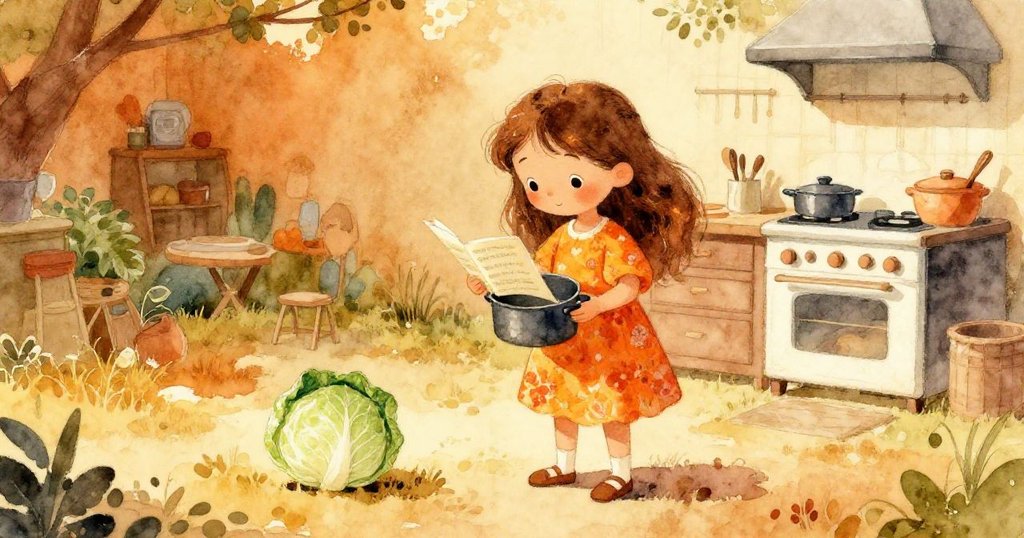 米娜站在戶外廚房，手持小鍋閱讀湯食譜，旁有圓甘藍，陽光灑下，神情期待溫馨開始故事。