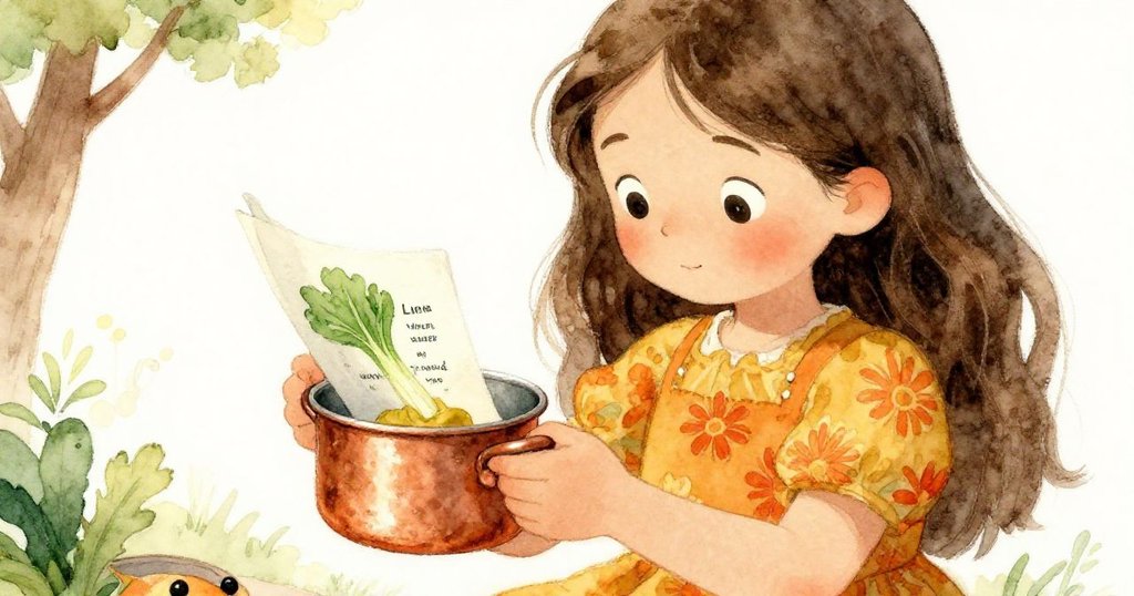 米娜仔細閱讀手中食譜與小鍋，手指輕觸文字，充滿好奇與認真，背景隱約顯示自然家庭氛圍。