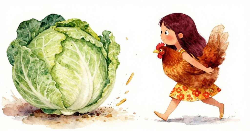 米娜邁步走向圓甘藍，母雞急速橫過並啄向甘藍，畫面傾斜展現動感與趣味情景展開。