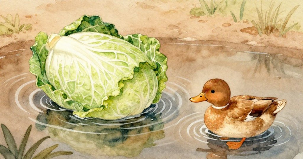 圓甘藍滾入池塘，水面泛起圈圈漣漪，一隻安靜鴨子從水中注視，展現意外中準備幫忙的溫柔情景。