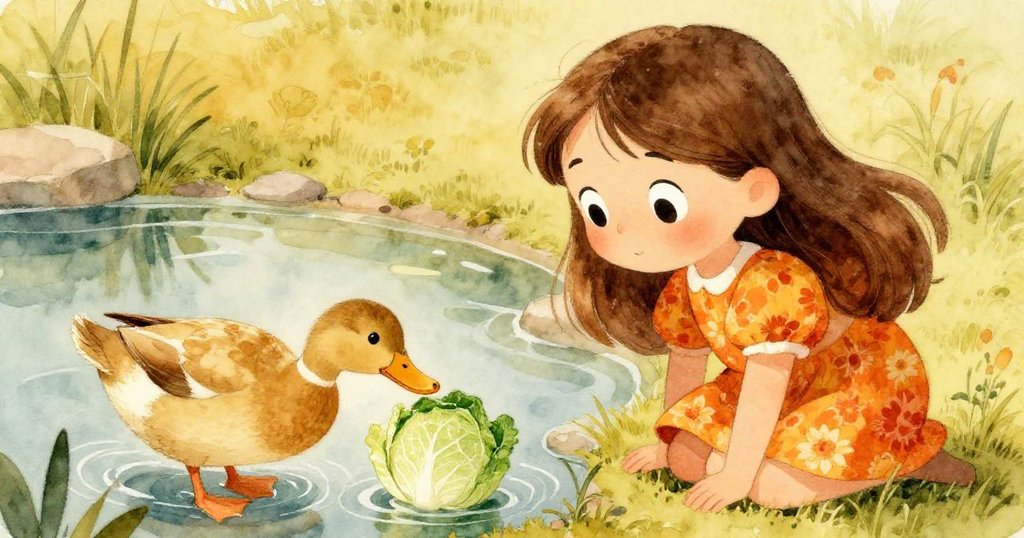 米娜蹲於池邊，驚奇目光注視溫柔鴨子推動浮動的甘藍，表現細膩情感與情節轉折。