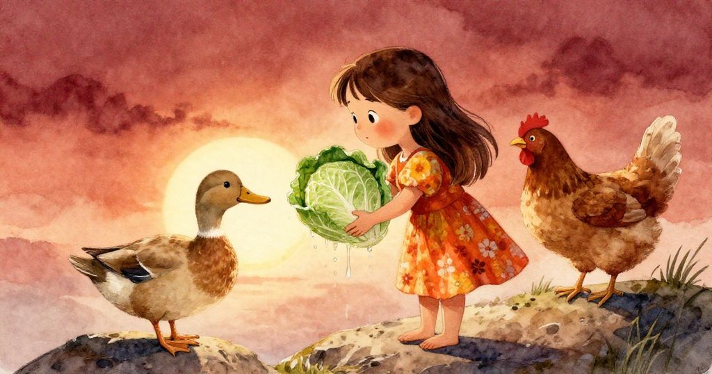 米娜撿起濕漉甘藍感激鴨子，母雞靜立岩石中觀望，夕陽溫暖映襯笑容與未來希望結局。