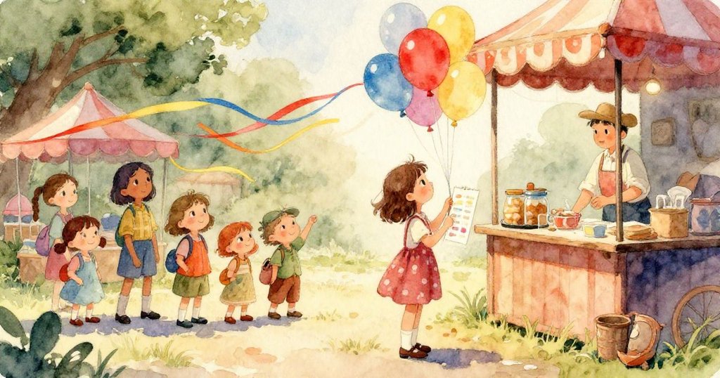 莎拉伸出的手握著印有氣球顏色的紙張，紙上特別標示著紅色氣球，背景略顯模糊的市集增添氛圍