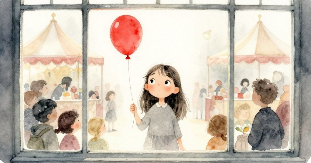莎拉透過市集攤位的玻璃窗凝視懸掛的紅色氣球，臉上充滿期待與驚奇，透出窗外柔和光影