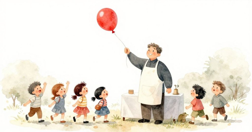 市集戶外場景中，強風使高挑的氣球攤位搖晃，紅色氣球開始脫離，攤主和群眾驚訝的表情生動刻畫