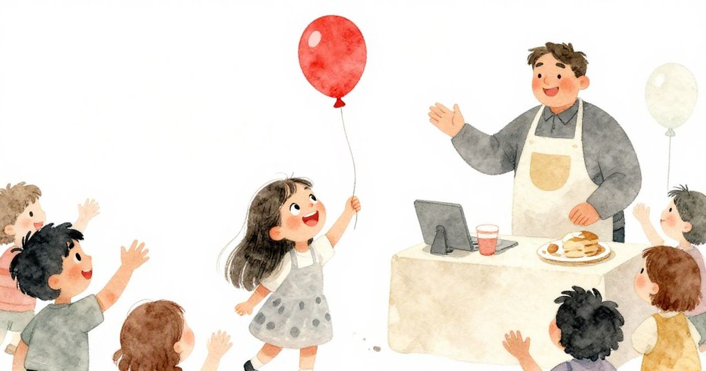 莎拉迅速伸手接住飄落的紅色氣球，攤主與旁觀者皆以欣喜笑容慶祝這幸福時刻，現場充滿歡樂氣氛