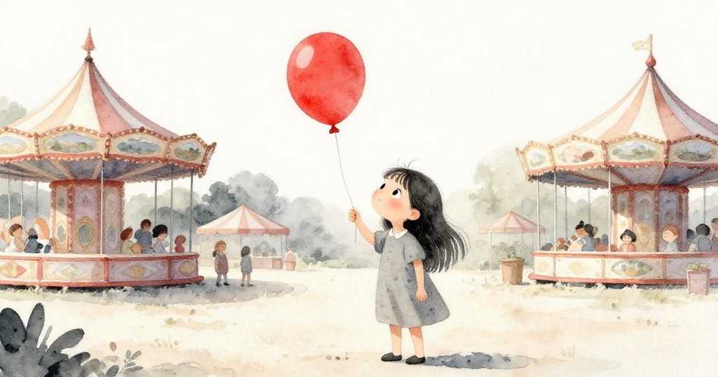 在寧靜的市集角落，莎拉溫柔地握著紅色氣球注視著，表情充滿驚奇與平靜，夕陽柔和光線映照著寧靜氛圍