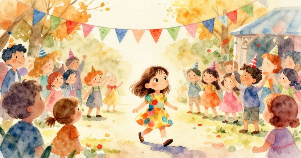 Mia走進充滿歡笑的庭院，生日派對氣氛濃厚，彩旗在陽光下飄揚，她滿心期待新冒險。