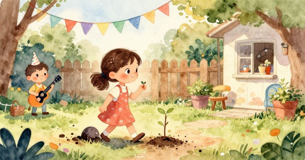 Mia的鞋子踏在彩色小徑上，細緻步伐展現她對冒險的期待，背景充滿生動細節。