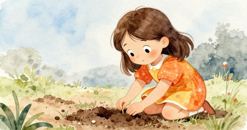 從低角度看Mia跪在新鮮土壤旁，她專注挖洞播種，表情堅定溫柔，庭院充滿希望。