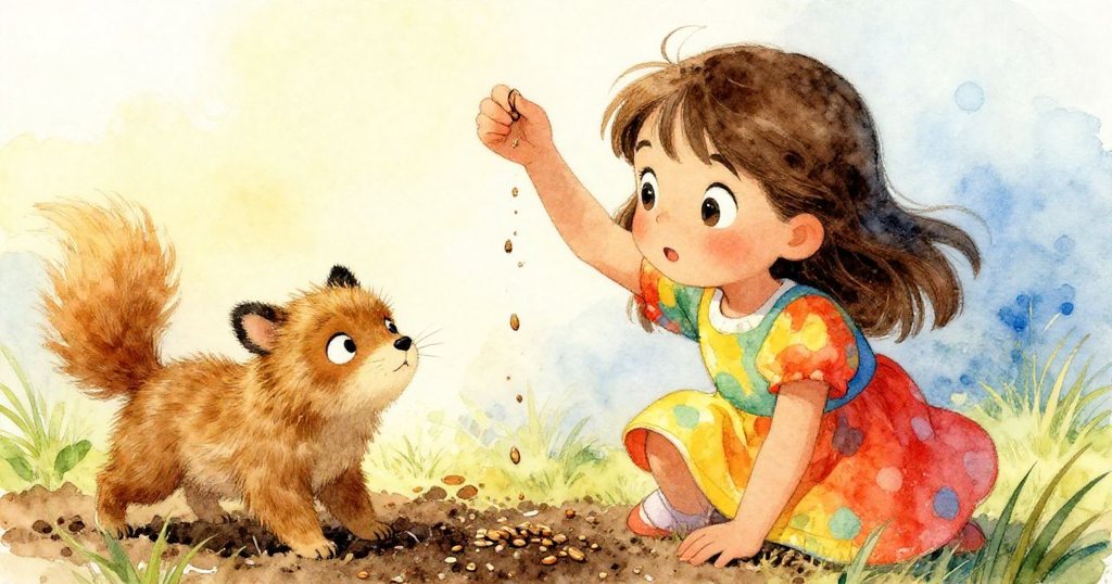 Mia將種子高舉並撒上餅屑，動物俏皮探頭，充滿挑戰與微妙溝通，情感真摯細膩。