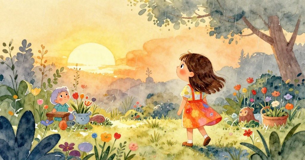 落日餘暉中，細雨輕灑，Mia滿懷期待地凝視種子被覆蓋的土壤，結局溫馨美好。