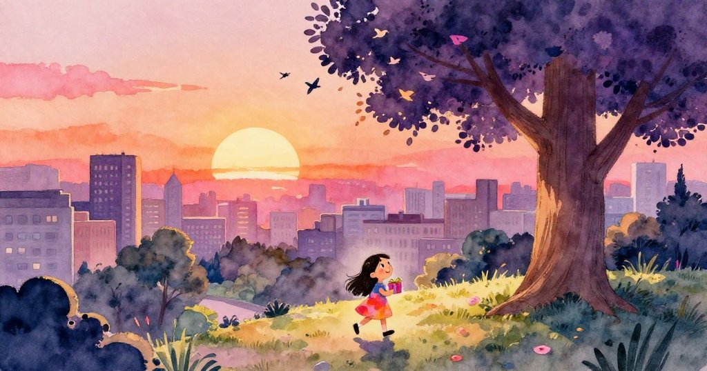 明媚日光灑落公園中，米拉手持禮物奔向高大樹木，鳥兒歡唱，景致廣闊展現冒險起始。