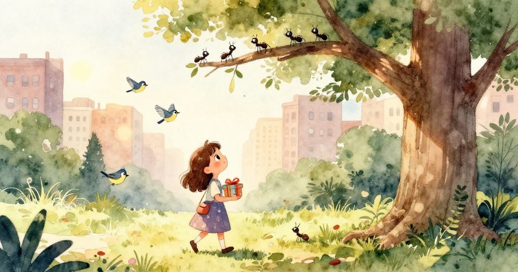 米拉風中打開禮盒，彩帶隨風飄揚，銀幣在陽光下閃耀，細節豐富展現神秘驚喜。