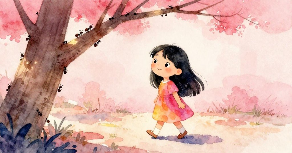 米拉行走中停下，低樹枝阻擋路徑，她觀察樹皮上忙碌螞蟻，展露好奇神情。