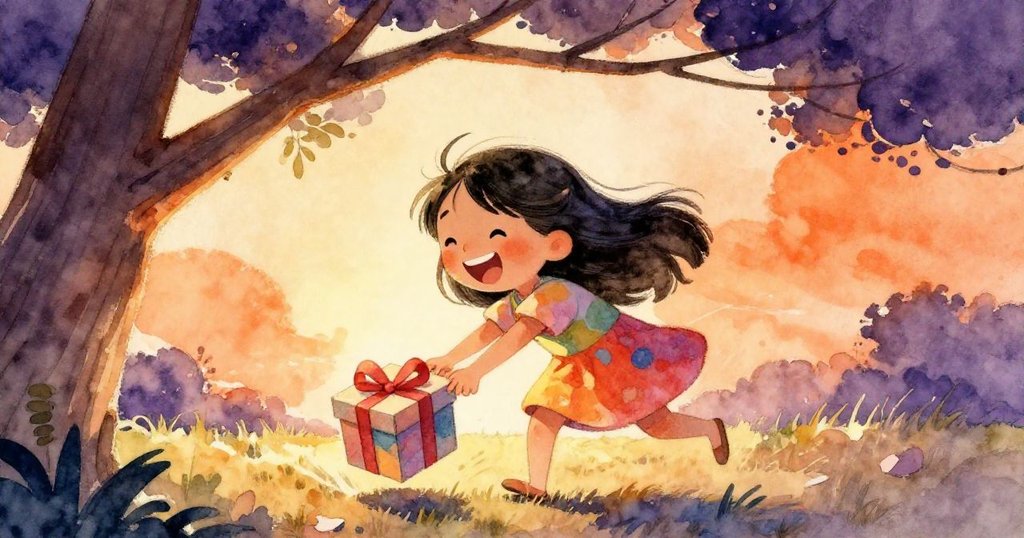 米拉蹲身躲避低樹枝，笑容燦爛，手中禮盒微微搖晃，動感情景展現冒險樂趣。