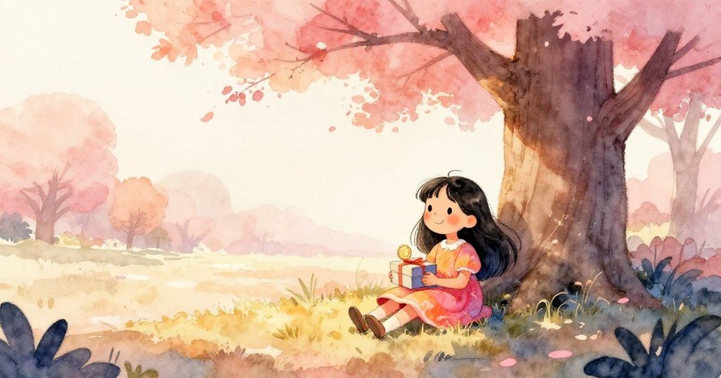 米拉最終安坐大樹下，午後陽光溫柔灑落，手中禮盒藏著閃亮銀幣，寧靜滿足展現美好結局。