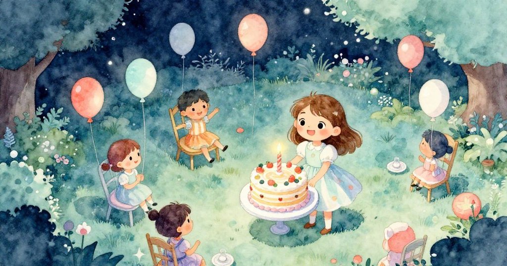 莉莉在戶外花園派對中小心放置圓形蛋糕，頭上飄著彩色氣球，夜晚氣氛溫馨快樂。