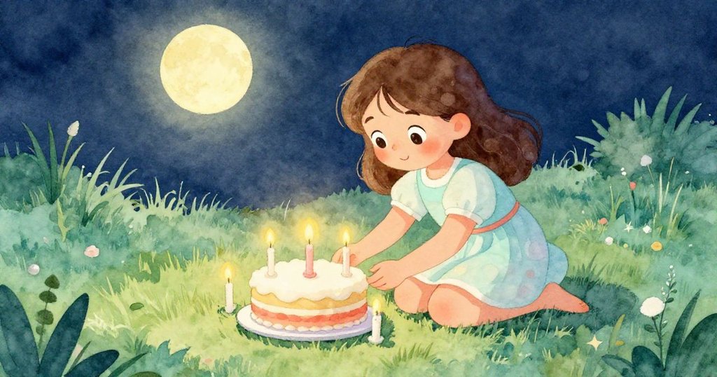 莉莉在柔軟草地上跪著，仔細排列五支小蠟燭，動作專注且充滿溫暖夜晚氣息。