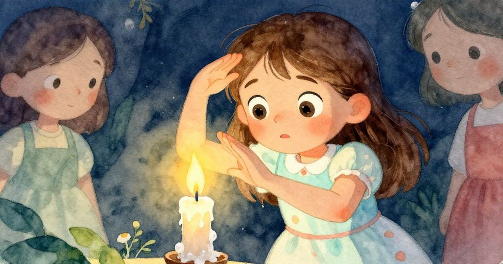 莉莉低角度呈現堅定表情，用手遮擋微弱火苗，融蠟滴下增添魔幻氛圍，夜晚派對現場溫馨感人。