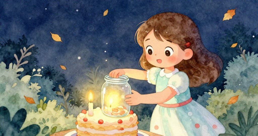 莉莉小心翼翼地將玻璃罐蓋在發光蠟燭上，夜風輕拂落葉，顯現季節變換與溫馨氣氛。