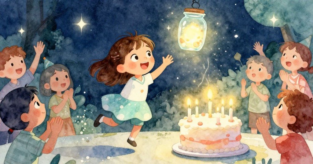 山姆興奮跳躍拍手，旁邊賓客大聲倒數，莉莉舉起玻璃罐，營造生日派對高潮激動氛圍。