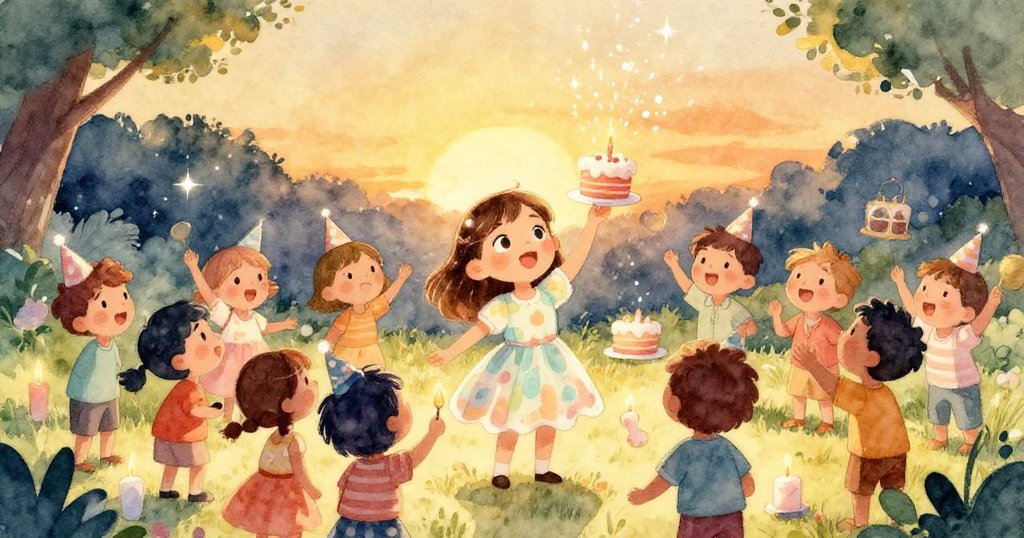 夜晚轉為金色光輝，蛋糕上閃爍火花，家人好友齊聚歡唱，營造溫馨夢幻生日結束場面。