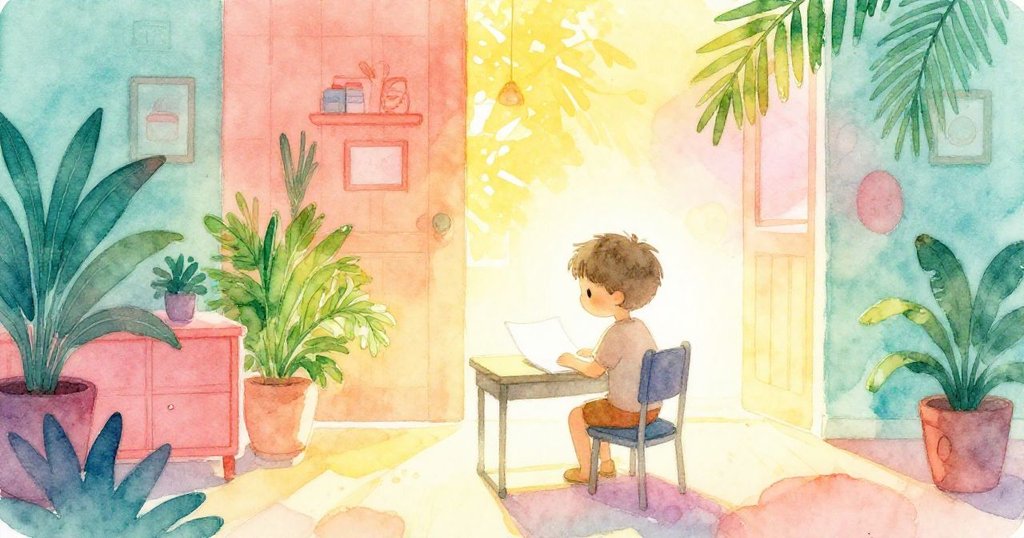 Ben 坐在窗邊的桌旁，陽光映出他的輪廓，溫暖室內展開創作旅程，充滿期待與柔和光影。