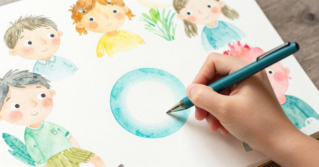 Ben專注地舉筆在白紙上劃出明亮圓圈，筆的精美細節在柔光中閃耀，充滿創作期待。