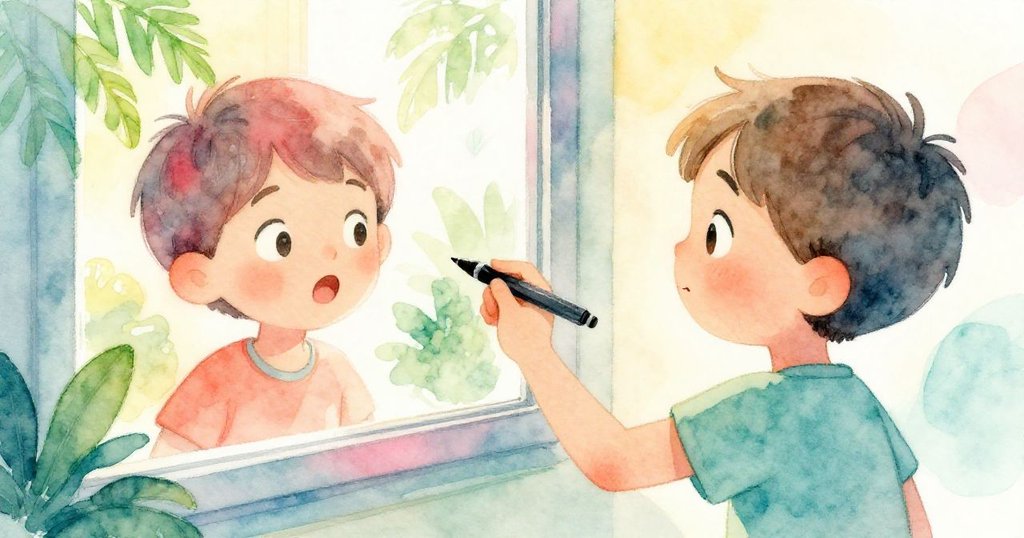 Ben輕敲無墨水筆時，窗中的倒影顯現他疑惑好奇的神情，室內光線柔和，情感流露細膩。