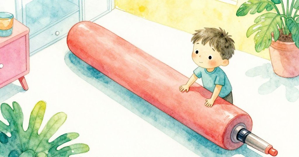 從俯視角度看，Ben推開桌角厚書，露出滾出的新筆，畫面充滿發現驚喜與清新光線。