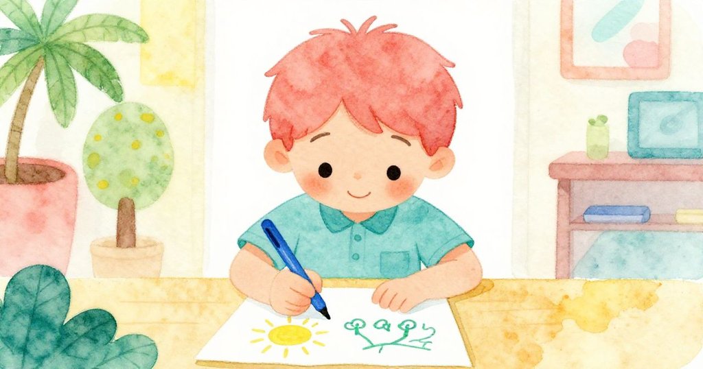 Ben拿起藍色醫生筆熱情作畫，藍墨繪出太陽與樹木，創作過程充滿驚喜與活力感。