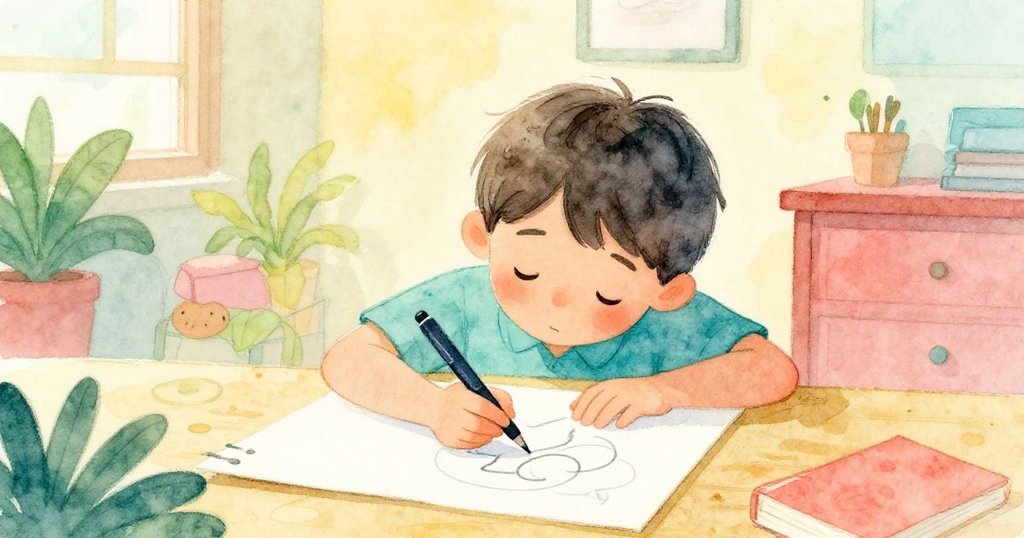 Ben滿意點頭欣賞完成繪圖，桌上筆與作品靜臥，室內溫馨平靜，展現成就與安心休憩時刻。