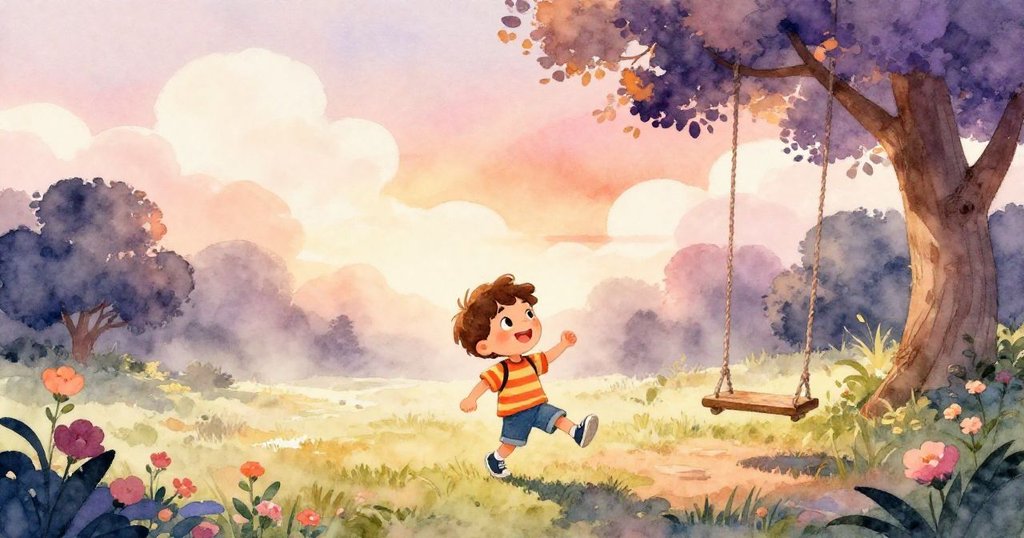 米洛快步走進公園，晨霧輕繞樹木與花朵，明亮雲朵襯托出他興奮好奇的神情。