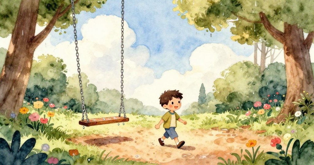 米洛觀察搖椅上閃爍的雨滴與金屬鏈條，細節清晰，背景隱約呈現公園靜謐氣氛。