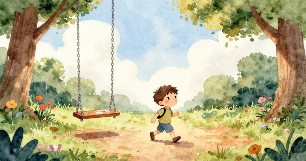 水滴從搖椅上奔流至沙面，漸漸乾燥，米洛側目觀看，神情充滿好奇與驚喜。