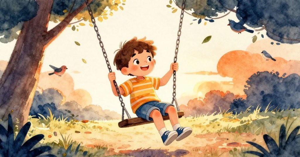 米洛坐上乾燥搖椅開始擺盪，鏈條輕響，小鳥落枝觀望，葉子隨風輕舞，現場充滿生動節奏。