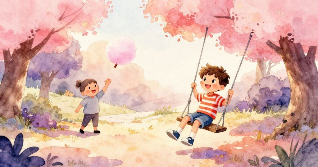 米洛在搖椅上享受微風，遠處有人揮手打招呼，棉花糖飄舞，展現公園中的溫馨互動。