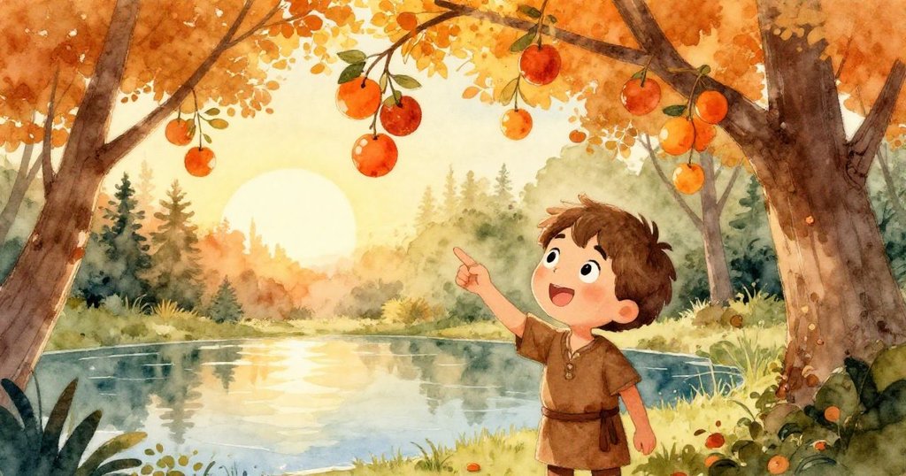 米洛在晨曦中站在靜謐的池塘邊，背景是高大的樹木和柔和晨光，他揮手指向樹上閃亮的果實，滿臉期待與興奮。