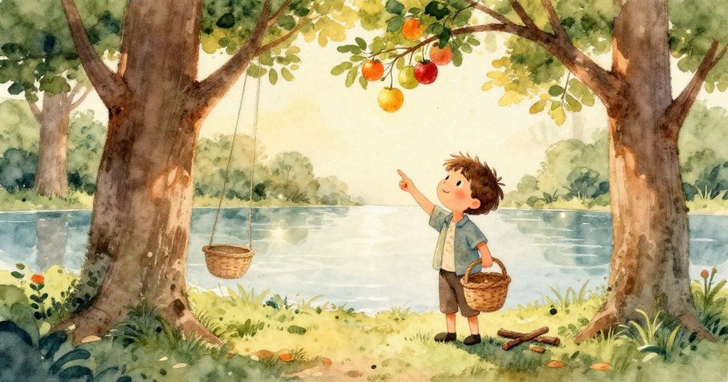 米洛的特寫臉部，眼中充滿驚奇與堅定，他凝視著高掛的果實，背景隱約顯示出阻擋去路的樹枝。