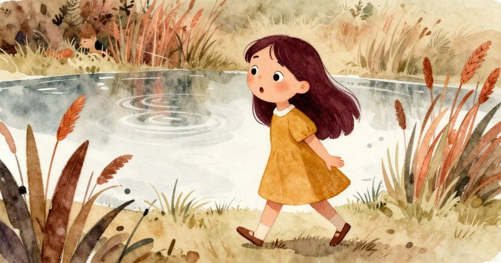 拉拉走在池塘邊，聽到忽然的聲響，環境中蘆葦與水波輕蕩，她滿懷好奇與驚喜，眼神閃爍著期待光芒。