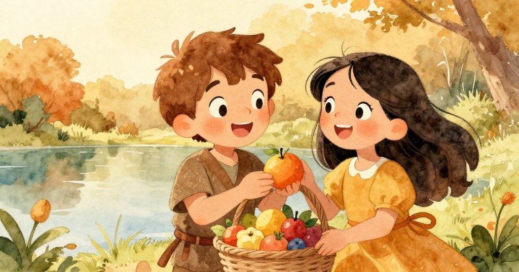 米洛和拉拉在水邊共同分享剛落下的果實，籃子裡滿滿的豐收映襯著他們臉上的歡愉與溫暖，鳥鳴與自然美景一同慶祝。