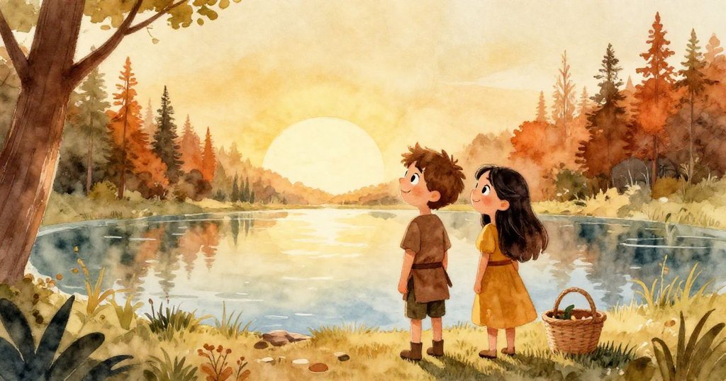 米洛與拉拉並肩站在寧靜的池塘邊，眺望遠方新途，籃中豐收象徵著成功與希望，晨光中流露出無限的冒險憧憬。
