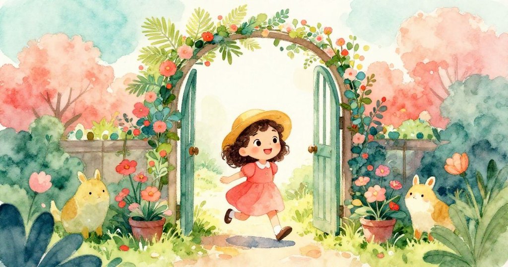 莉娜在晨光中穿過花園門口，邊走邊觀察迎面低垂的花朵，展現愉悅與好奇的情感。