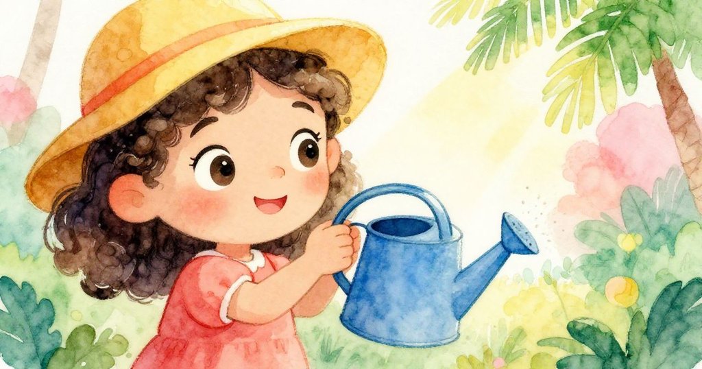 莉娜近距離注視著空蕩的藍色澆水壺，眼神中流露出驚奇與一絲憂慮，背景蘊含晨光柔和氣息。