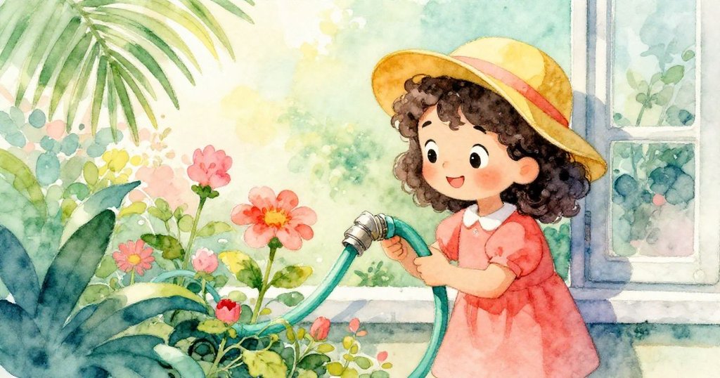 莉娜靠在花園窗框邊，凝視纏結的水管與綻放的花朵，神情專注，晨光灑落營造柔美氛圍。