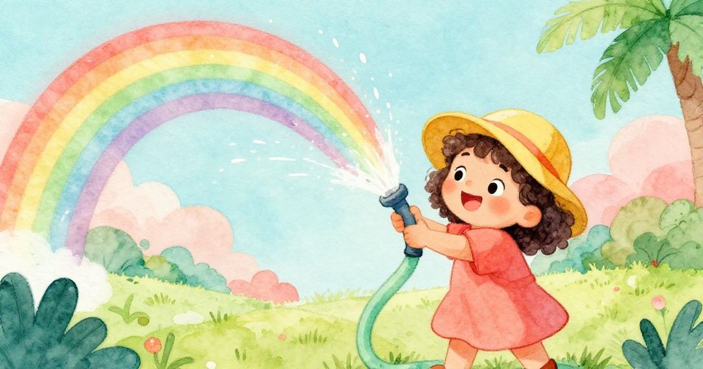 莉娜興奮地搖晃水管，水花噴出柔和彩虹，濺落在帽子上，動作生動充滿童趣，花園背景活力四射。