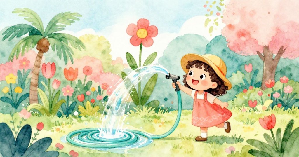 莉娜在寧靜花園中快樂地站著，水流自由灑落，結解開的水管旁花朵挺拔，整體氛圍和諧安詳。