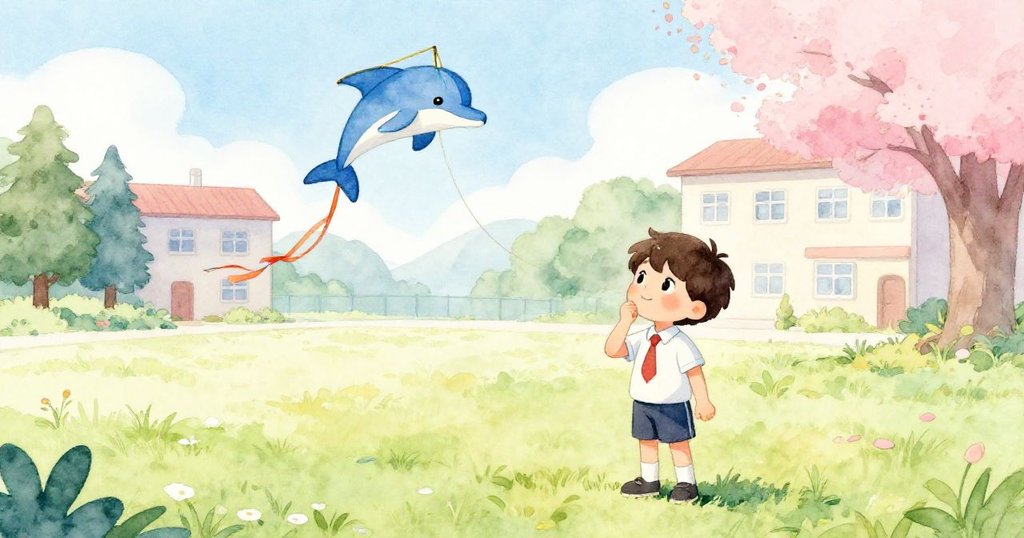 米洛獨立站在操場上,微風吹拂綠草,明亮海豚風箏靜候啟程,表情平和充滿期待。