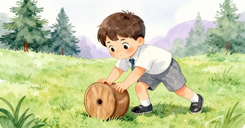 米洛彎腰抓起光滑木捲軸,腳踏濕潤青草,動作果斷充滿準備出發的能量。